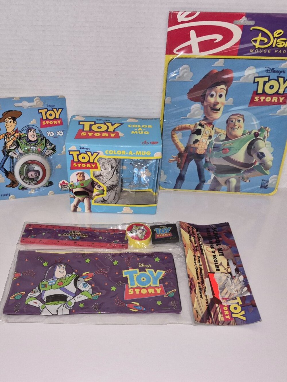 Vintage Disney Toy Story lot mouse pad, color a mug, school kit, yo-yo toy